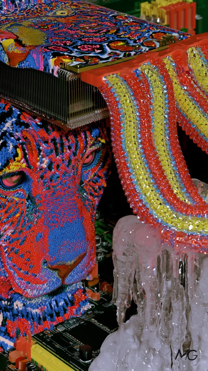 A jaguar's head in red and blue beadwork over a circuit board and melting ice