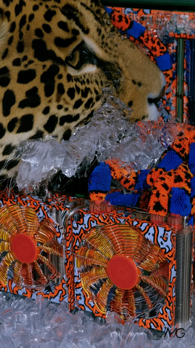 A jaguar resting on beaded cooling fans and ice