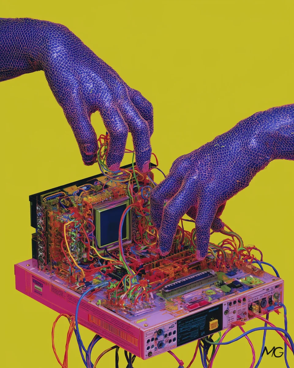 Two purple beaded hands wiring a small machine on a pink board, on yellow