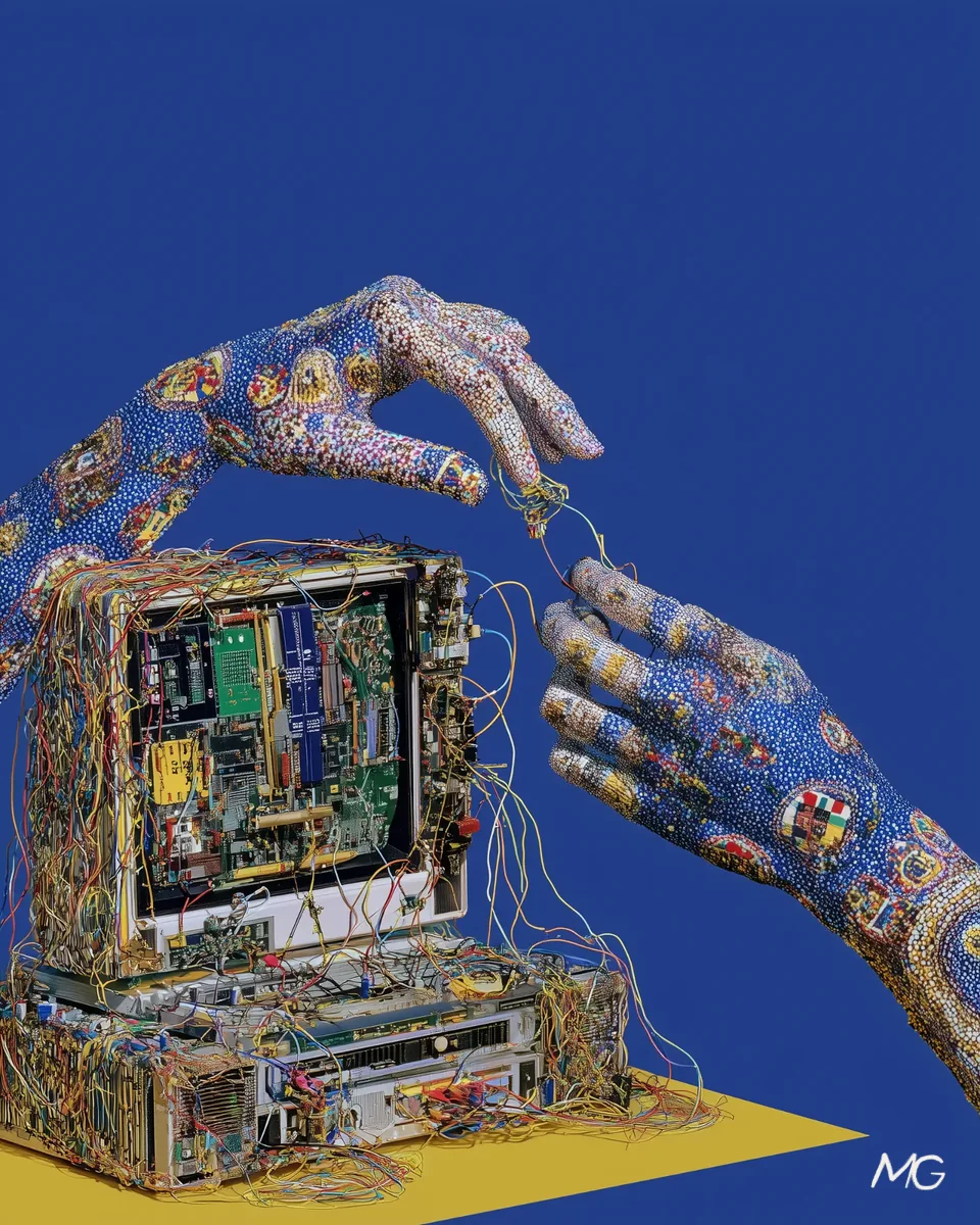 Two beaded hands building a small machine, on cobalt
