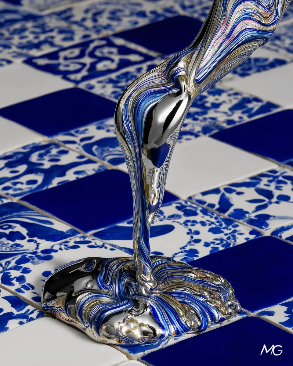 Liquid mercury pouring onto blue and white Delft tiles