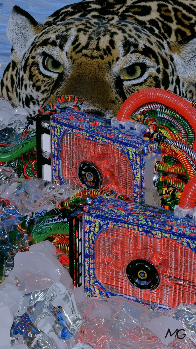 A jaguar watching over beaded tape machines packed in ice