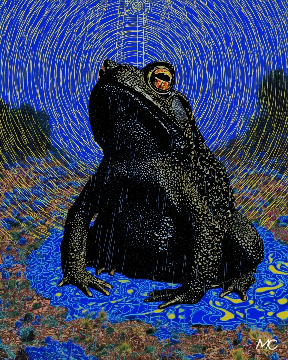 A black toad in the first rain, in a painted field of blue