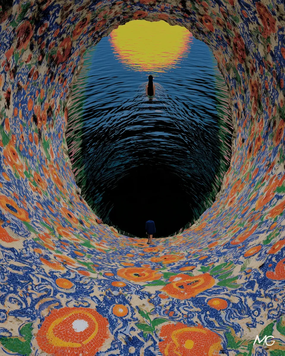 A cenote seen from inside: a swimmer under a yellow sun, walls painted in flowers