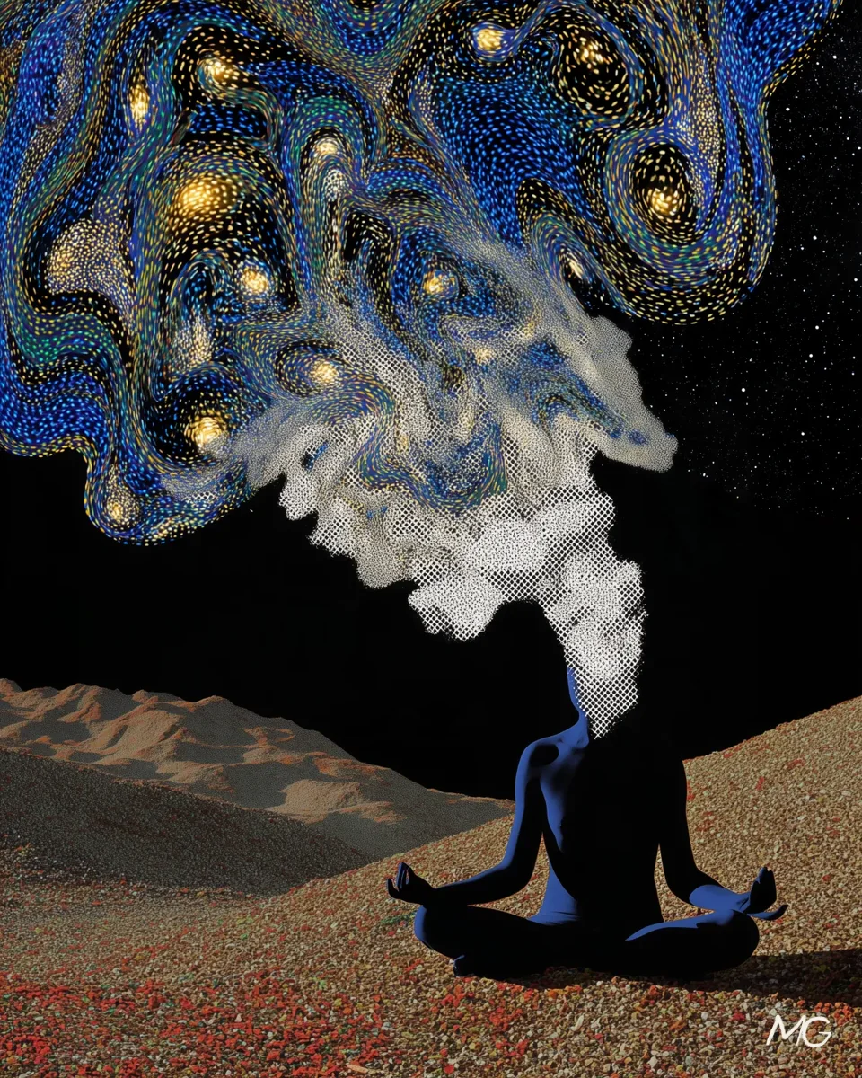 A seated figure in meditation under a starry sky, smoke rising