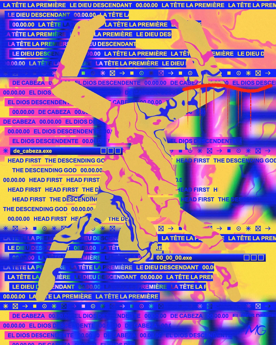 Poster, La tête la première: a figure diving head first through rows of type in yellow, blue and pink, a red spray stroke above