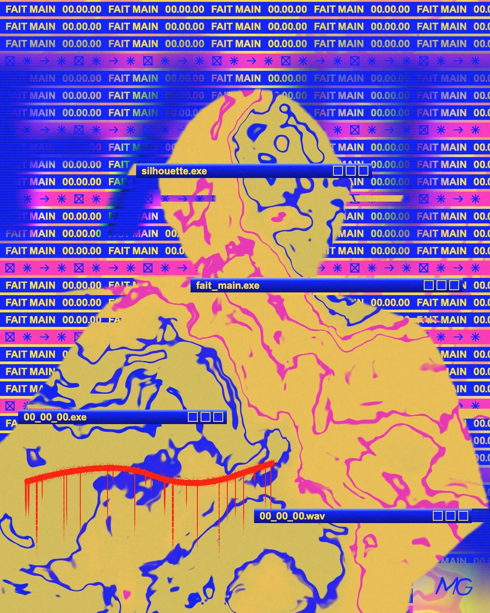 Poster, Fait main: a silhouette filled with porcelain swirls in yellow and blue under rows of FAIT MAIN type, a red spray stroke below