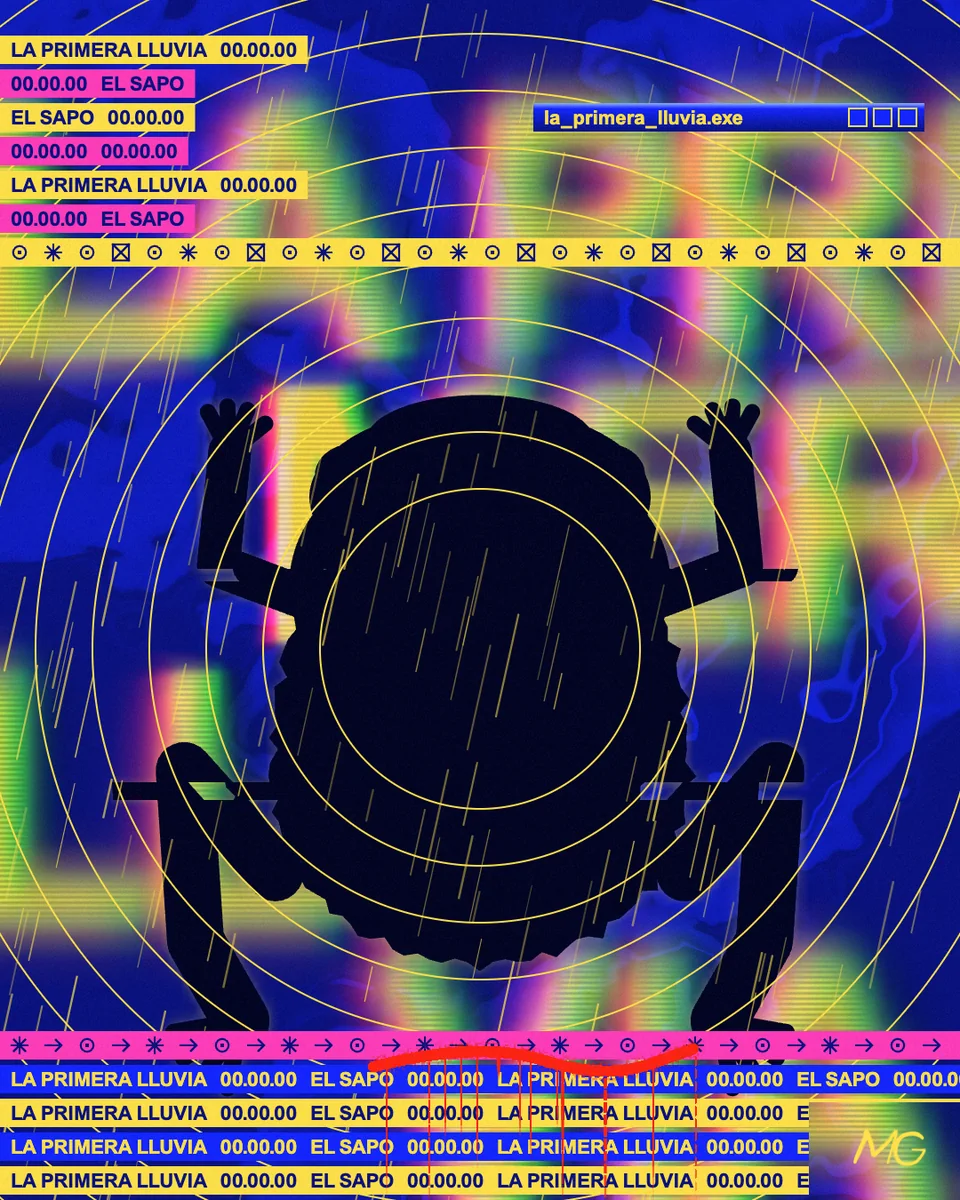 Poster, La primera lluvia: a black toad in the rain inside yellow rings, a red spray stroke at the foot